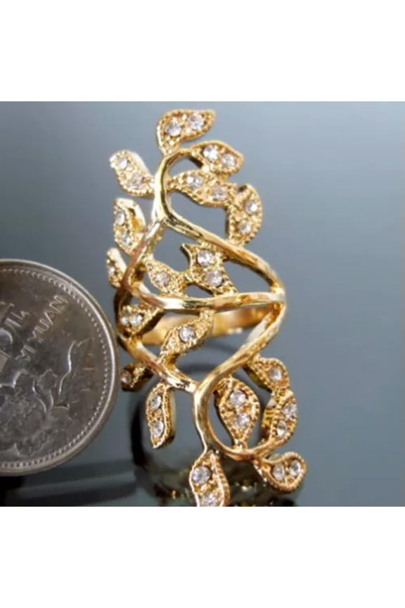Shiny Rhinestone Hollow Leaf Joint Armor Knuckle Ring Jewelry For Woman Gift-_-Gold-