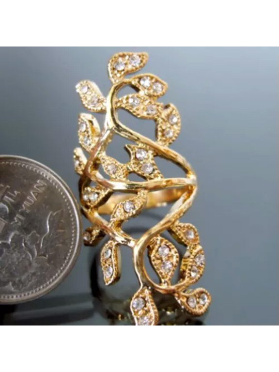 Shiny Rhinestone Hollow Leaf Joint Armor Knuckle Ring Jewelry For Woman Gift-_-Gold-