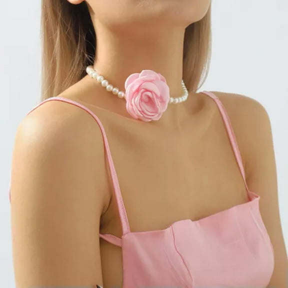 HOOUN Short Choker Big Flower Elegant Wedding for Women Necklace Jewelry Fashion Beads-Pink