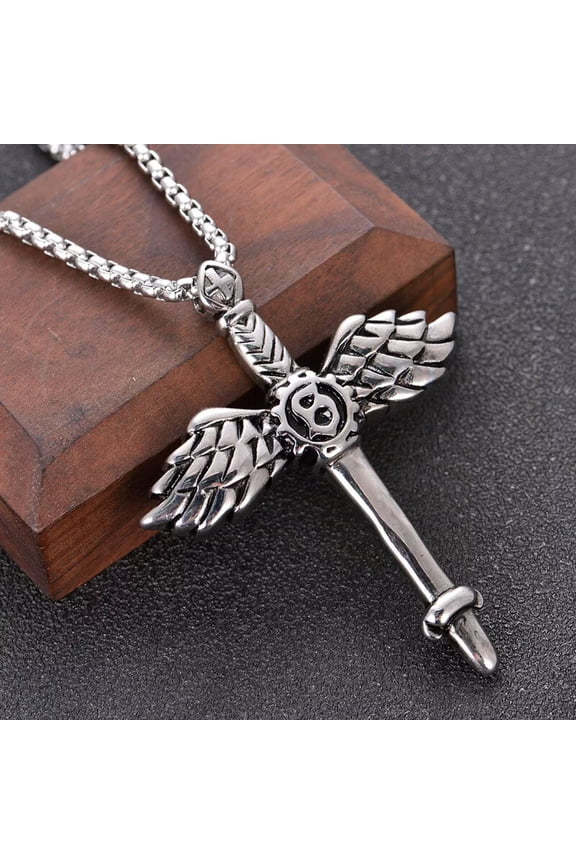 Silver Angel Wing Sword Cross Pendant Necklace Men's Jewelry Chain 24" Gift