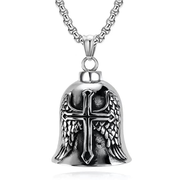HOOUN Silver Angel Wings Cross Gremlin Bell Pendant Necklace Chain Men's Jewelry Gift