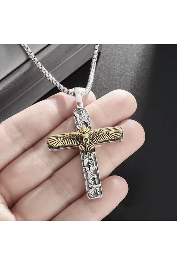 Silver Animal Eagle Cross Pendant Necklace Men's Christian Jewelry Chain 24"