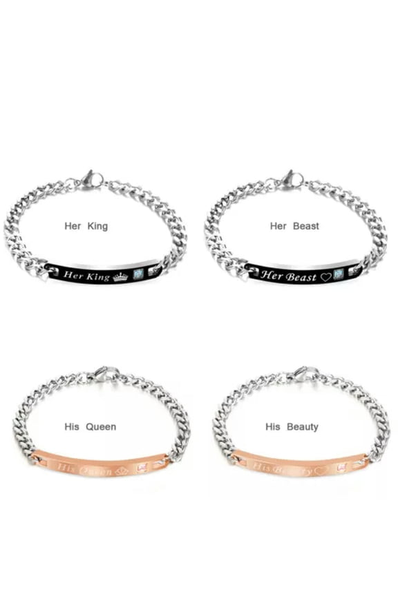 Silver Bangle Bracelet Ins Letter Engraved Keep Her King Queen Love Crown Gift-Her Beast