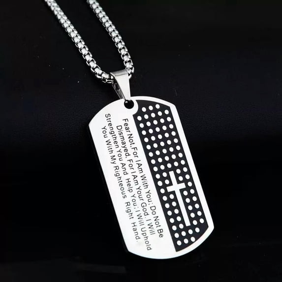HOOUN Silver Bible Verse Dog Tag Cross Pendant Necklace Christian Jewelry Chain 24"