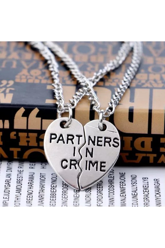 Silver Broken Heart Partners in Crime Best Friend Pendant Necklace Bracelet Set-Necklace - Silver