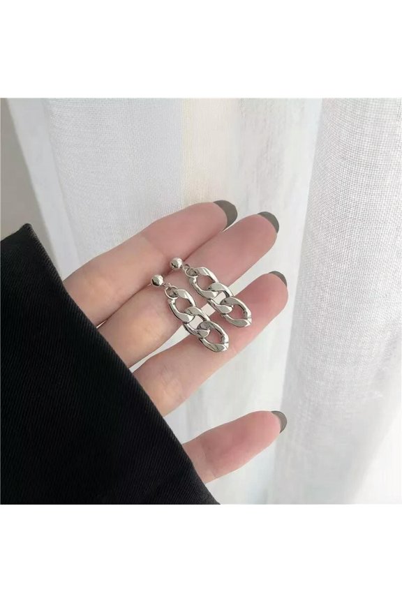 Silver Cuban Link Chain Stud Earrings Dangle Drop Surgical Steel Jewelry Gift