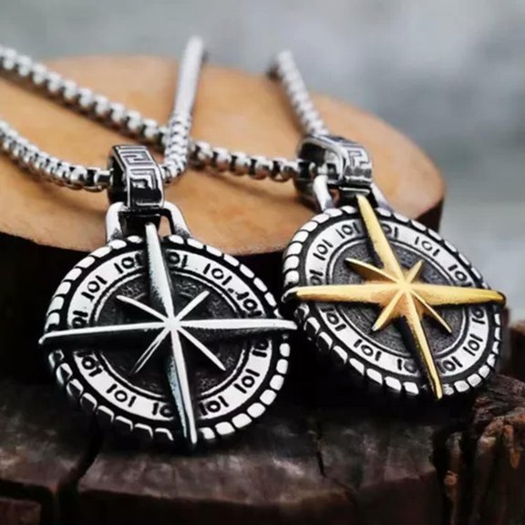 HOOUN Silver Gold North Star Compass Pendant Necklace Chain Men's Protection Jewelry-Silver