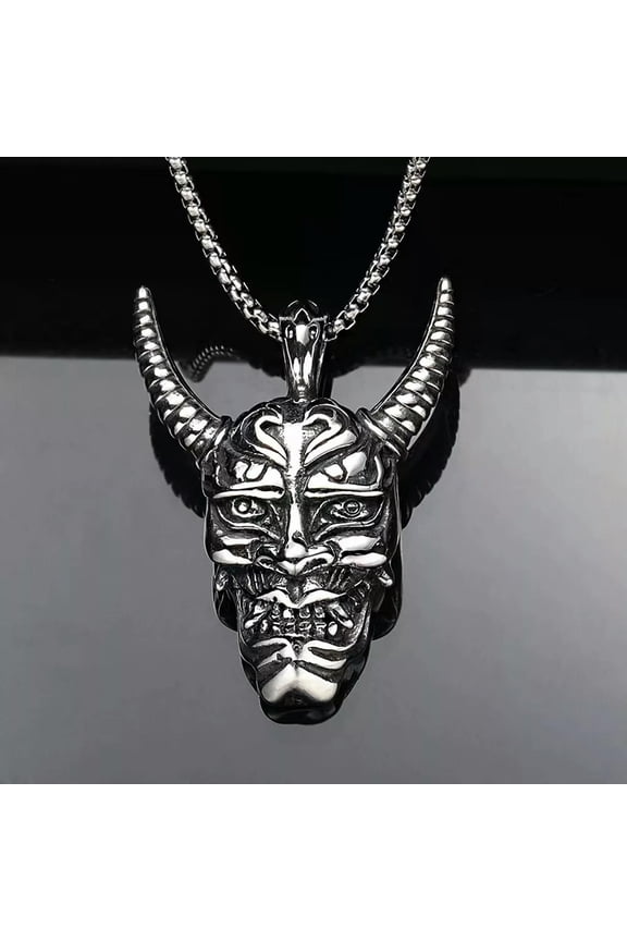 Silver Japanese Devil Demon Hannya Mask Pendant Necklace Chain Mens Jewelry Gift