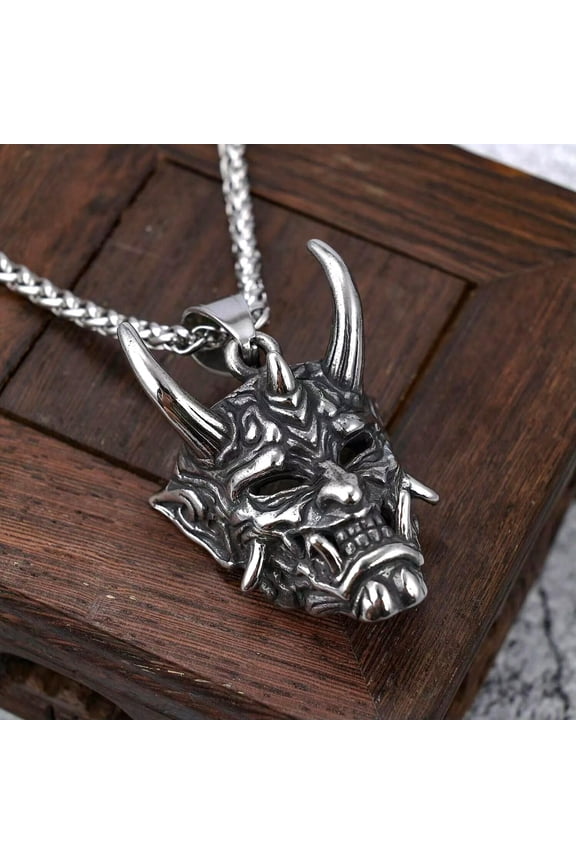 Silver Japanese Hannya Mask Pendant Necklace Chain Men's Protection Jewelry Gift