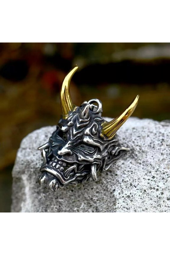 Silver Japanese Hannya Mask w. Gold Horn Pendant Necklace Chain Men's Jewelry