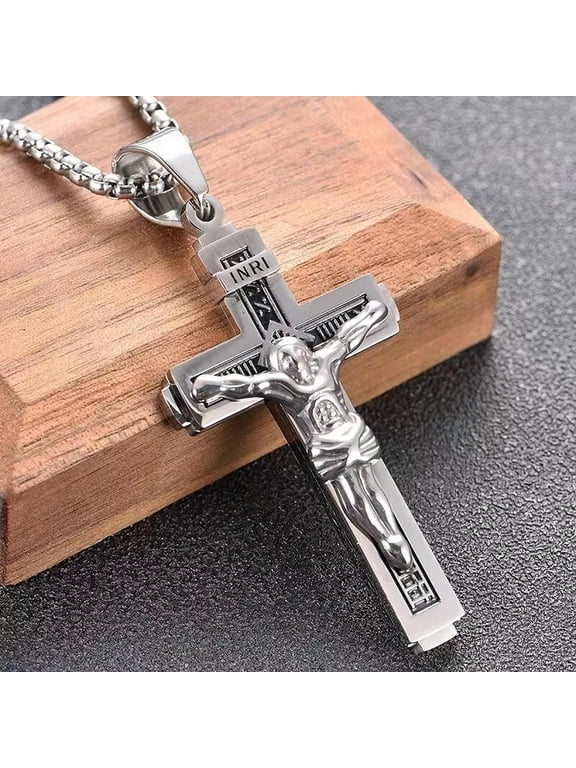 Silver Jesus Christ Crucifix Cross Pendant Catholic Necklace Chain 24" Men Women