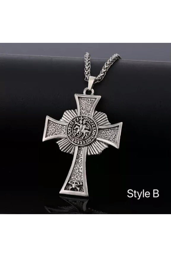 Silver Knight Crown Masonic Cross Pendant Necklace Christian Jewelry Chain 24"-Style B- Knight
