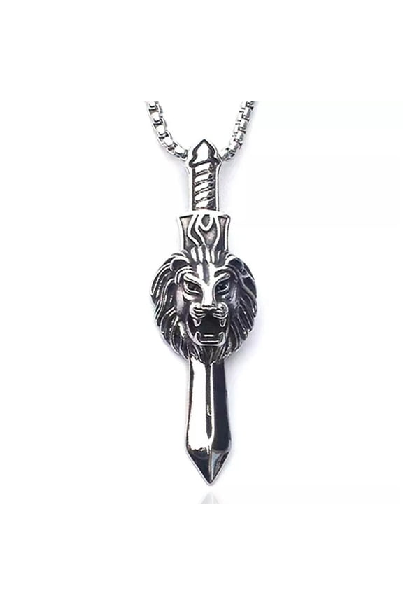 Silver Lion Head Sword Pendant Necklace Men's Punk Rock Biker Jewelry Chain 24"