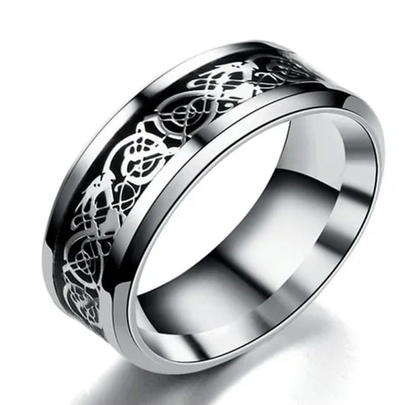 HOOUN Silver Plated Dragon Intarsie Stainless Steel Mens Wedding Band Rings Jewelry-silver-11