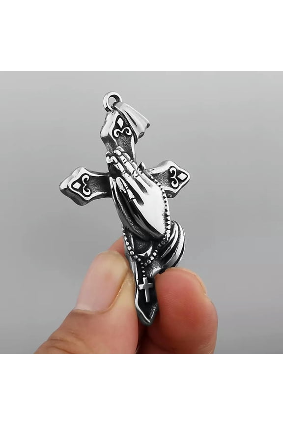 Silver Praying Hands Cross Pendant Necklace Christian Jewelry For Men Women 24"