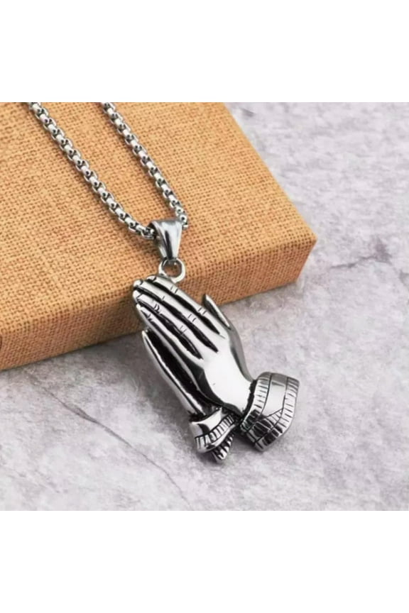 Silver Serenity Prayer Pendant Praying Hands Necklace Chain Men's Jewelry Gift