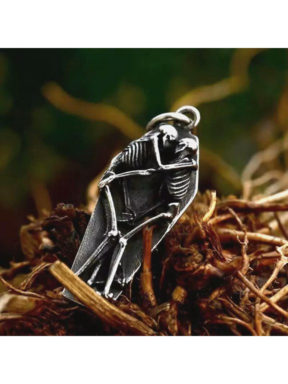 Silver Skeletons Cuddling in a Coffin Pendant Necklace Stainless Steel Jewelry