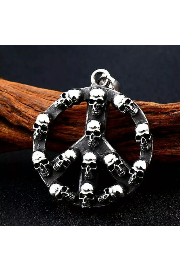 Silver Skull Peace Sign Symbol Pendant Necklace Mens Punk Jewelry Chain 24" Gift