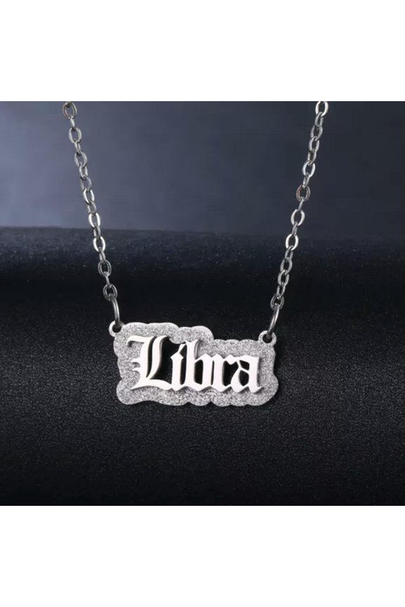 Silver Stainless Steel 12Constellation Letters Tags Pendant Chain Necklace-Libra
