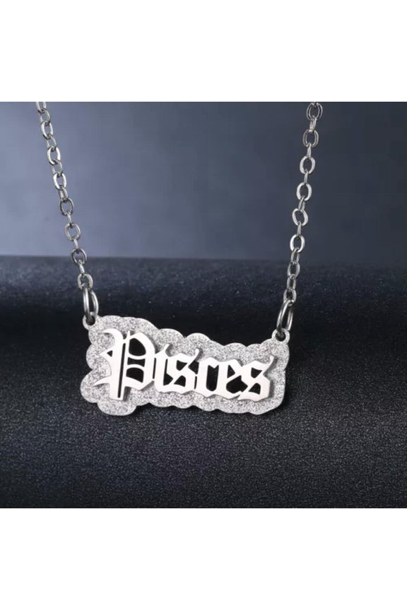 Silver Stainless Steel 12Constellation Letters Tags Pendant Chain Necklace-Pisces