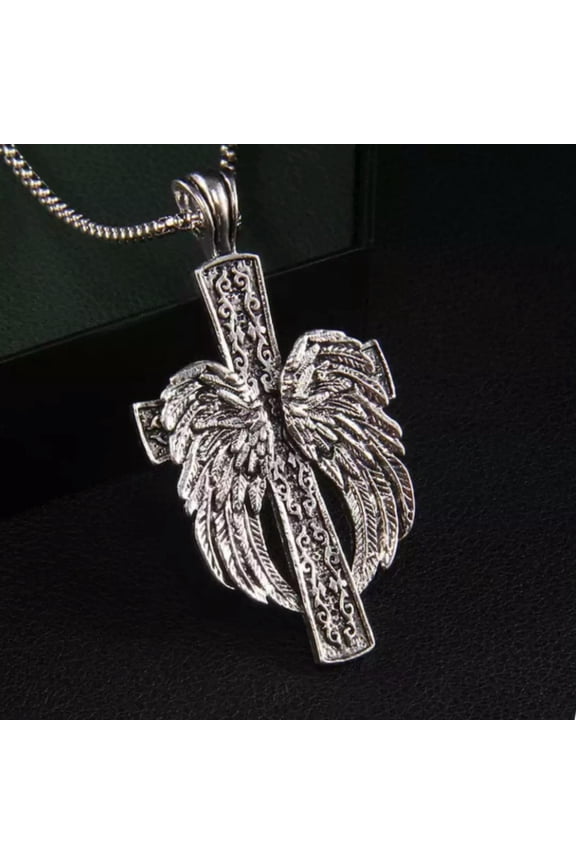 Silver Winged Cross Pendant Necklace Jewelry Men's Christian Chain 24" Gift