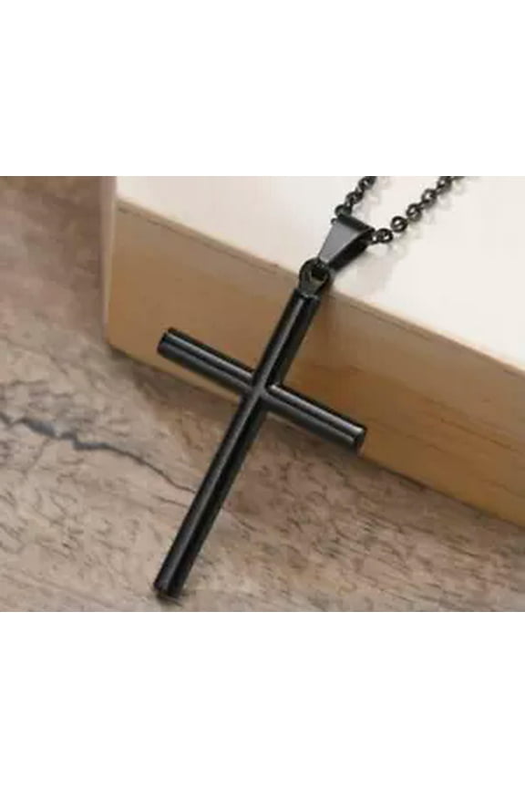 Simple Fashion Stainless Steel Round Cross Pendant Mens Necklace ChainGift-black