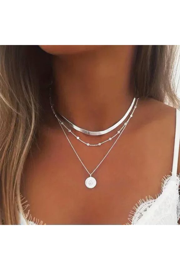 Simple Multi Layered Lotus Pendant Necklace Beads Decor Round Piece Chain Trendy
