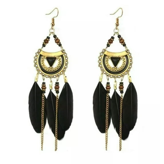 HOOUN Simple Women Bohemian Long Tassel Earrings Fringe Boho Dangle Earring Jewelry-Feather Black
