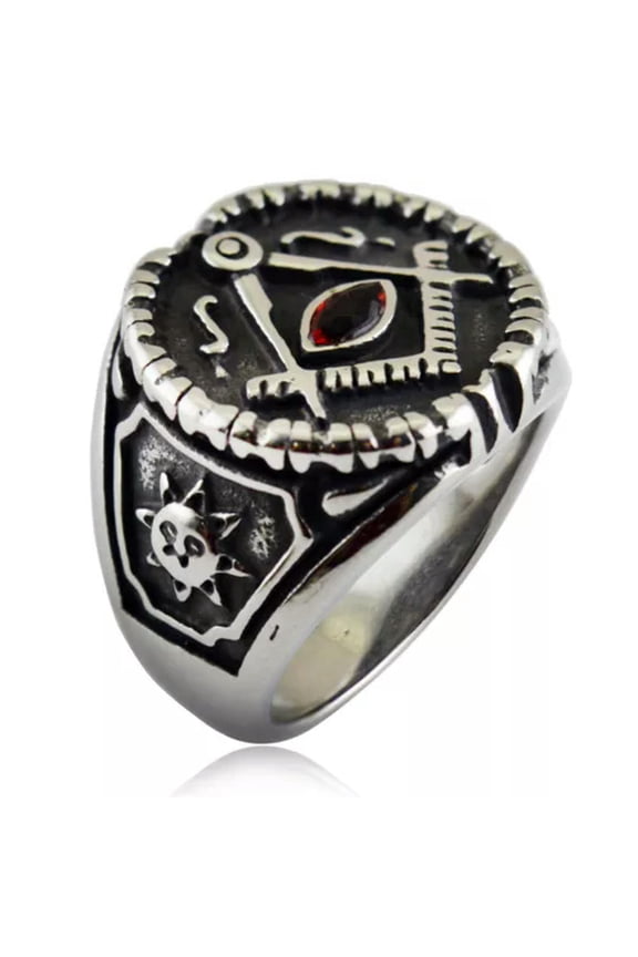 Size 7-13 Vintage Mason Ring Men Stainless Steel Antique Masonic Ring Ruby Inlay-11