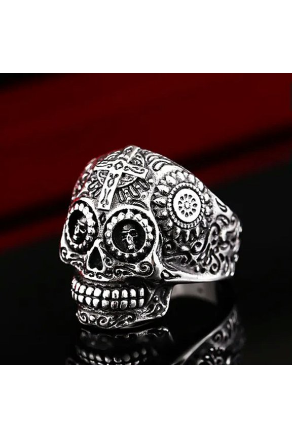 Skull Eye Cross Skull Ring Stainless Steel Men's Gothic Byzantine Skeleton Ring-8