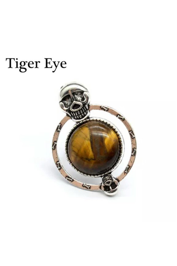 Skull Skeleton Round Crystal Finger Opening Ring Natural Stone Quartz Gift Reiki-Tiger Eye