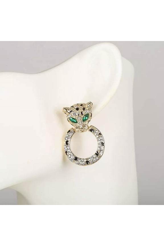 Small Hoop Rhinestone Leopard Head Earrings Fashion Stud Jewelry Wholesale Gift