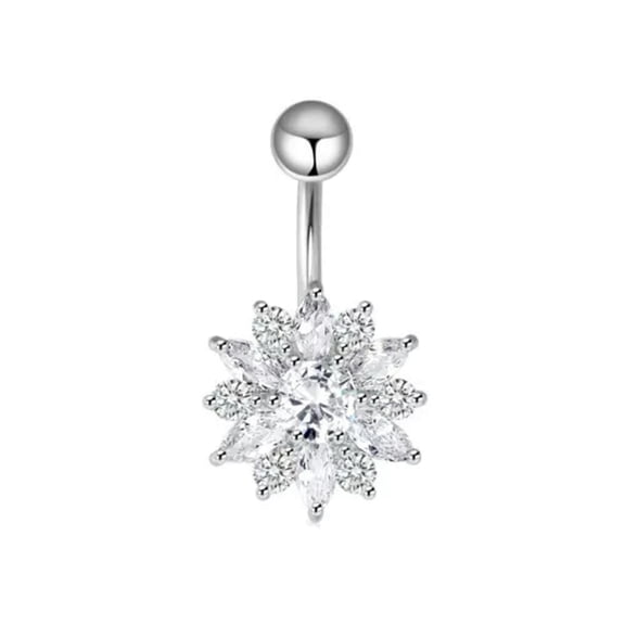 HOOUN Snow Flake Flower Belly Button Bar Barbell Bar Dangle Body Piercing Navel Ring-Silver