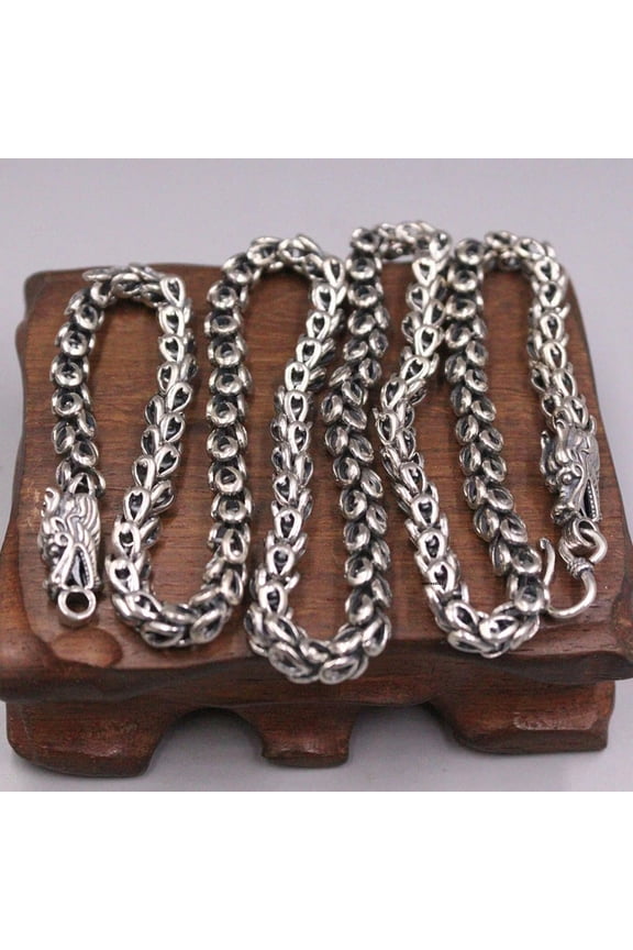 Solid 925 Sterling Silver 5.5mmDragon Head Feather Chain Necklace 56-57g/23.6in