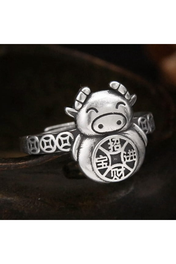 Solid 925 Sterling Silver Band Women Lucky Retro Coin Zodiac Ox Ring