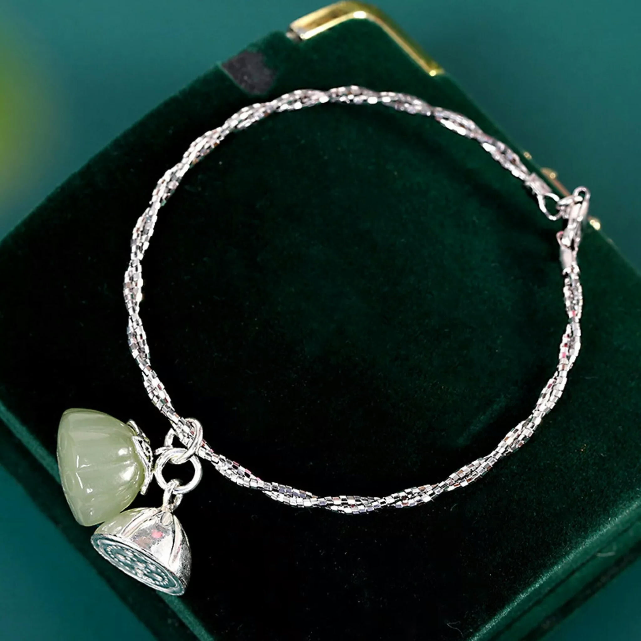 HOOUN Solid 925 Sterling Silver Bangle Women Natural Jade Lotus Twist Rope Bracelet 8g