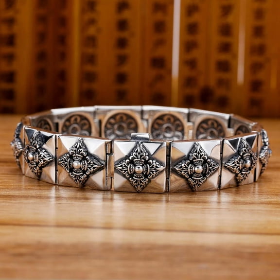 HOOUN Solid 925 Sterling Silver Chain Men Cross Mantra Square Bracelet 96g/7.8inch