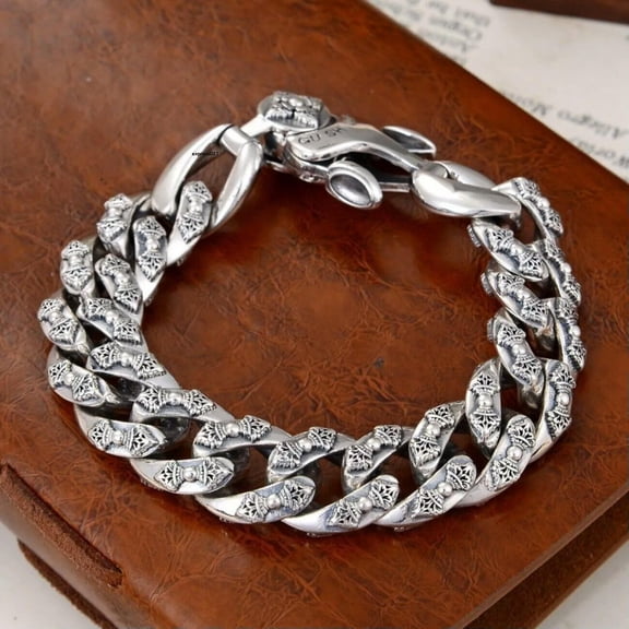 HOOUN Solid 925 Sterling Silver Chain Men Gift Vajra Cuban Curb Link Bracelet 99g