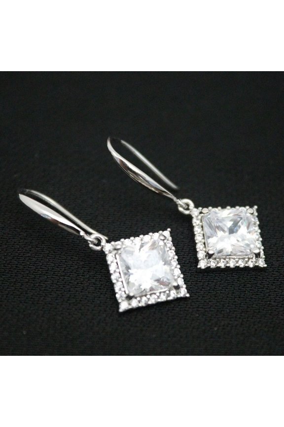 Solid 925 Sterling Silver Dangle Women Lucky Zircon Square Rhomboid Earrings