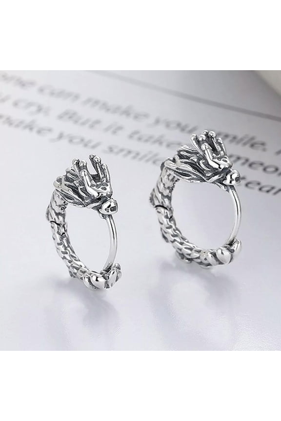 Solid 925 Sterling Silver Hoop Men Women Lucky Carved Dragon Earrings 5.7g