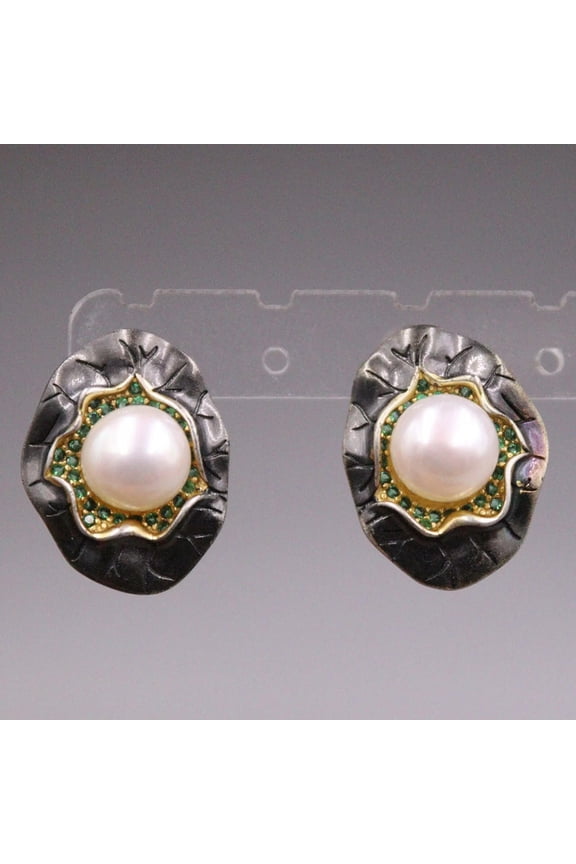 Solid 925 Sterling Silver Stud Pearl Black Lotus Leaf Women Lucky Earrings