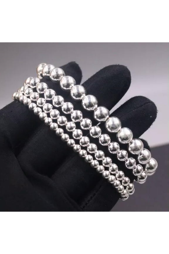 Solid 925 Sterling Silver Women Lucky Smooth Glossy Round Beaded Bracelet 4-8mm-4mm, 4-5g