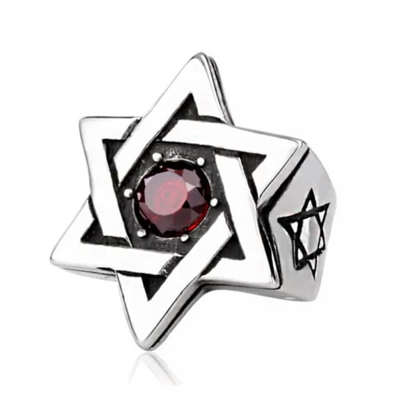 HOOUN Solomon Hexagram Star Ring Stainless Steel Vintage Red CZ Men's Biker Punk Ring-12