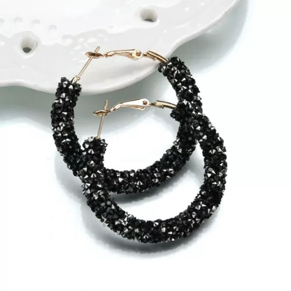 HOOUN Sparkly Black White Fire Statement Hoop Fashion Shiny Shinny Crystal Earrings-Black
