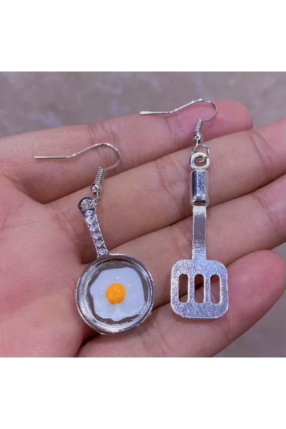 Spatula Fried Egg Drop Earrings Creative Simulation Food Ear Funny Jewelry Gifts-Silver Spatula Fried Egg