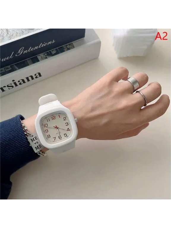 Square Quartz Digital Dial Casual Wrist Watches Rubber Strap Fashionable-yg-White-