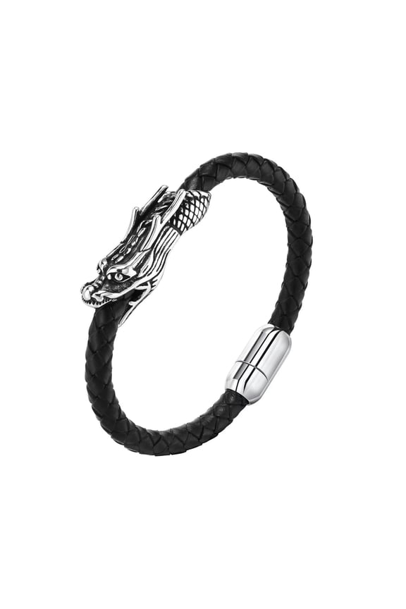 Stainless Steel Biker Dragon Leather Bracelet Steel Black Men's Bracelet Fashion