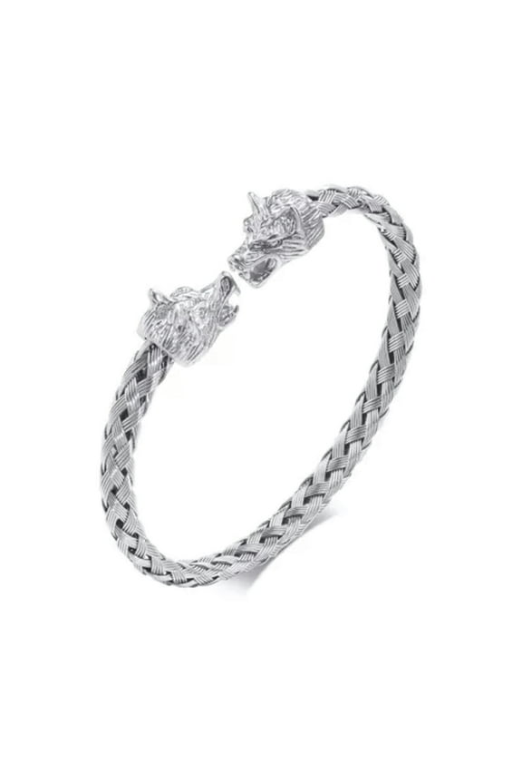 Stainless Steel Braided Bracelet Wolf Heads Cuff Bangle For Women Mens HIp-Hop-silver