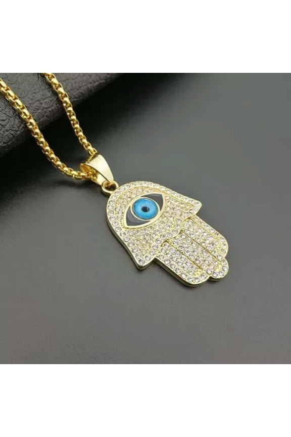 Stainless Steel CZ Evil Eye Hamsa Hand Pendant Necklace Protection Jewelry Gift-Gold