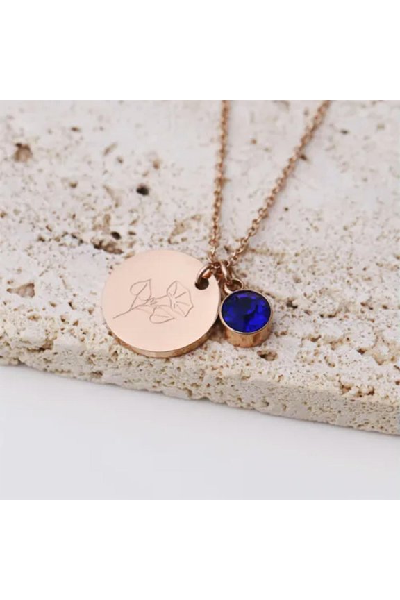 Stainless Steel Coin Engraved Birth Stone 12 Months Flower Pendant Necklace Gift-September